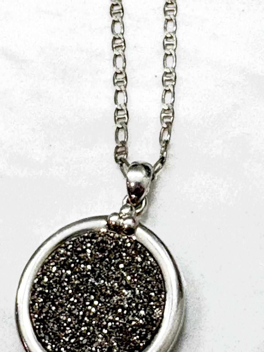 Dark Silver Druzy Set in Round Bezel Pendant in Sterling Silver. Hallmarked